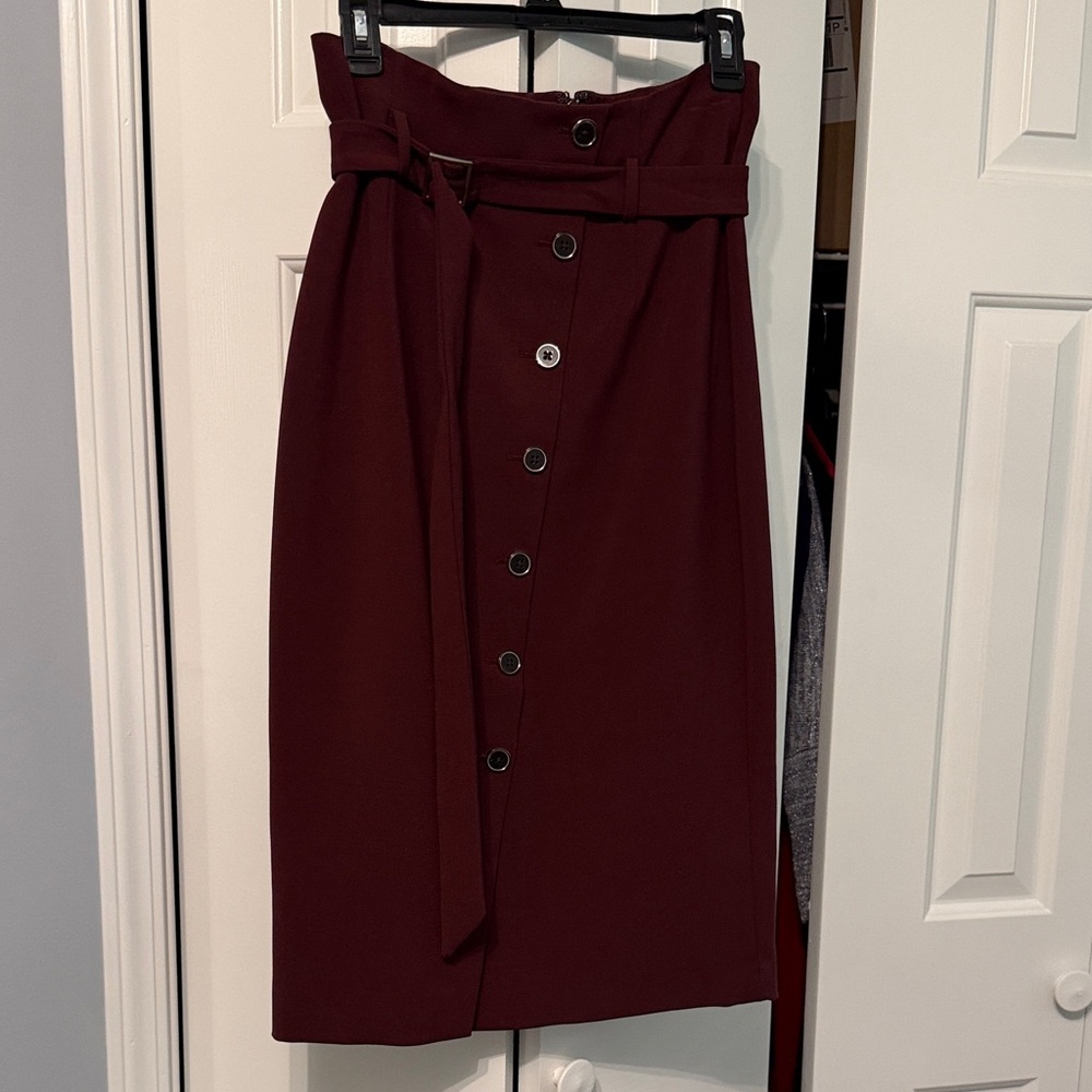 NWT White House Black Market Burgundy Button-Front Midi Skirt with Self Tie